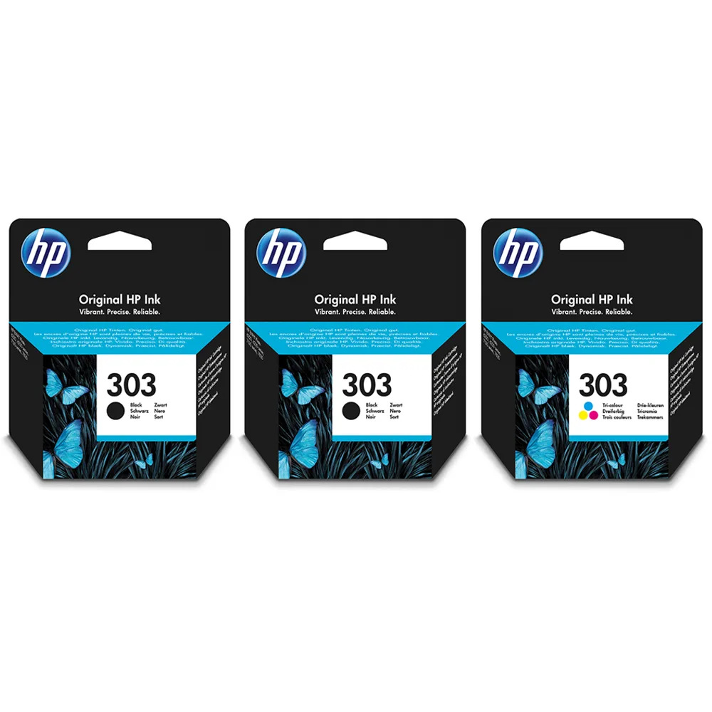 2x Original HP 303 Black & 1x 303 Tri-Colour Ink Cartridges